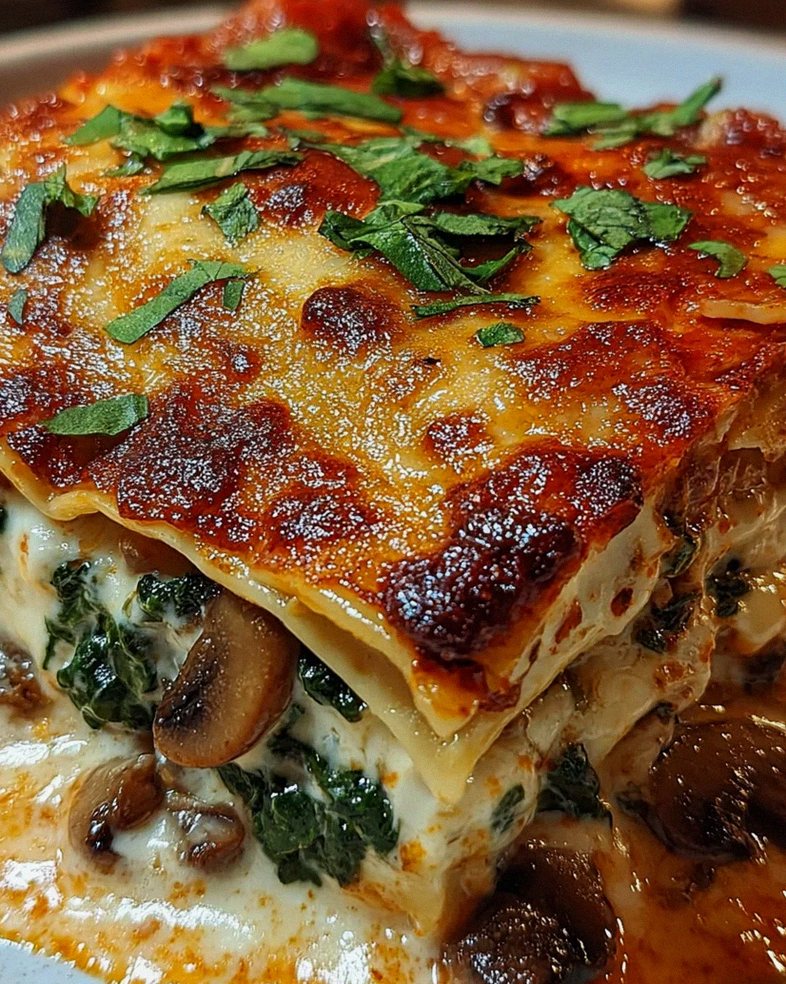 Cremige Spinat- und Pilzlasagne
