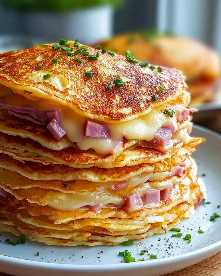 Leckere Pancakes mit Rindfleisch und Käse für Brunch!