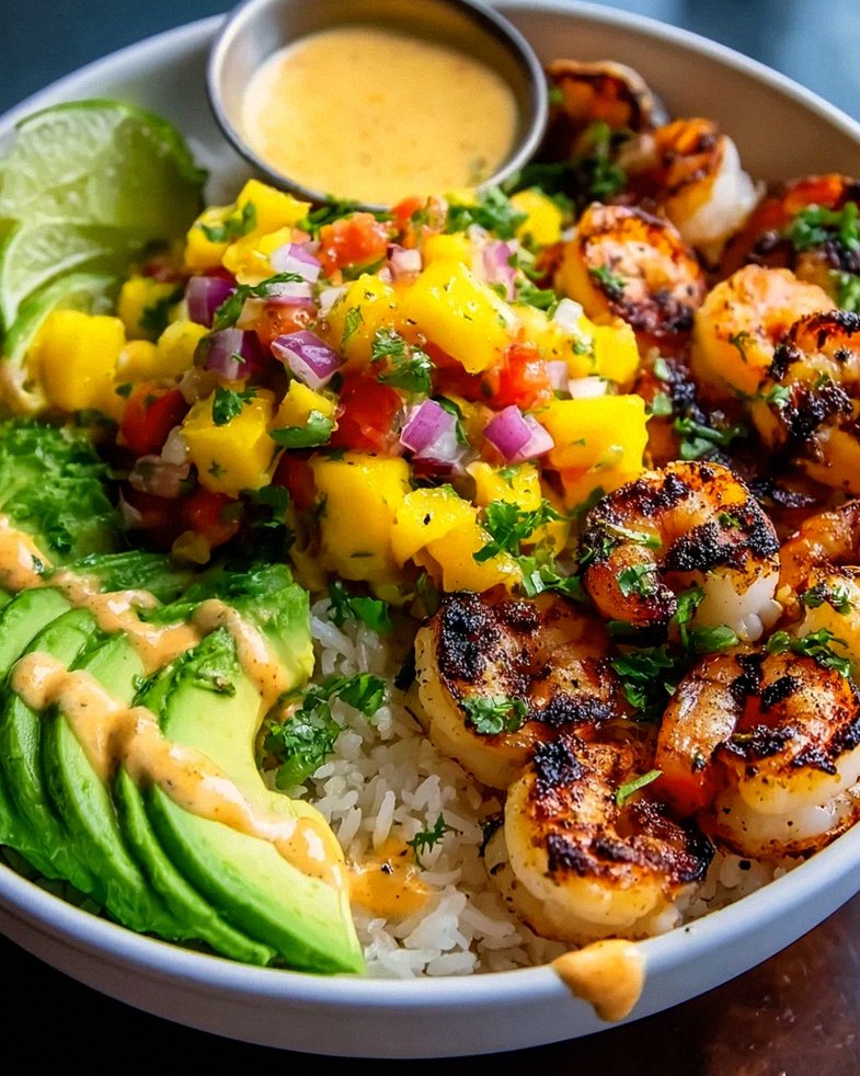 Shrimp-Avocado-Bowls mit Mango-Salsa und Limetten-Chili-Sauce