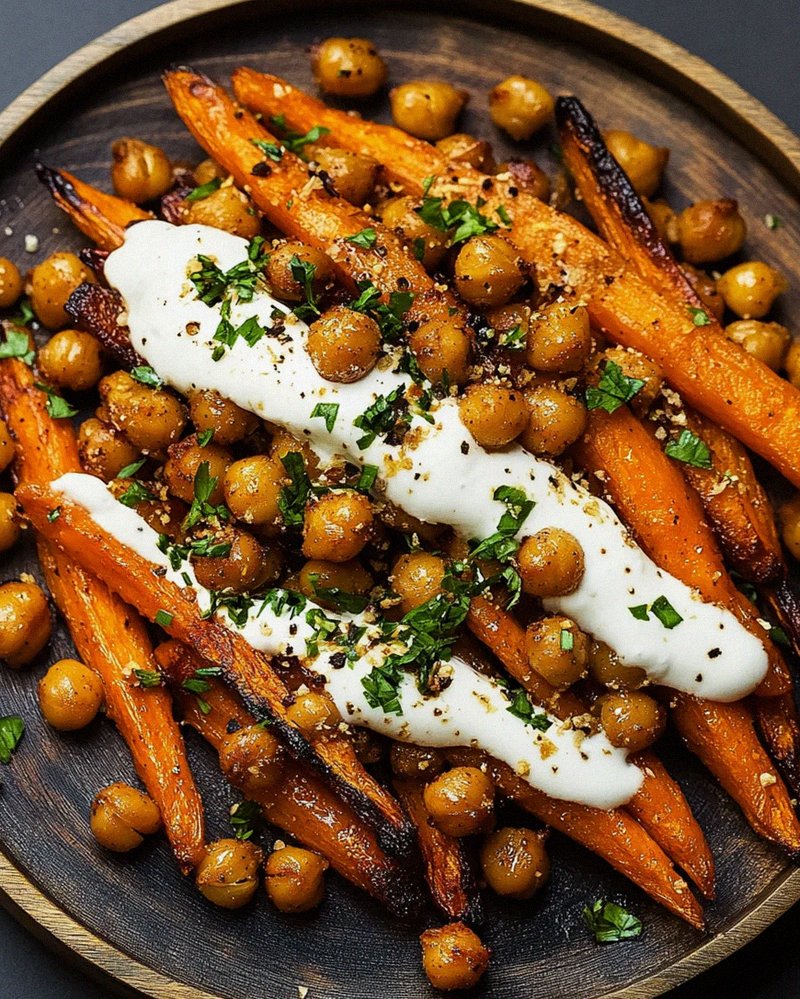 Spicy Maple-Roasted Carrots with Crispy Chickpeas and Yogurt Sauce