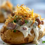 Steakgefüllte Ofenkartoffeln mit Parmesancreme und Zwiebeln