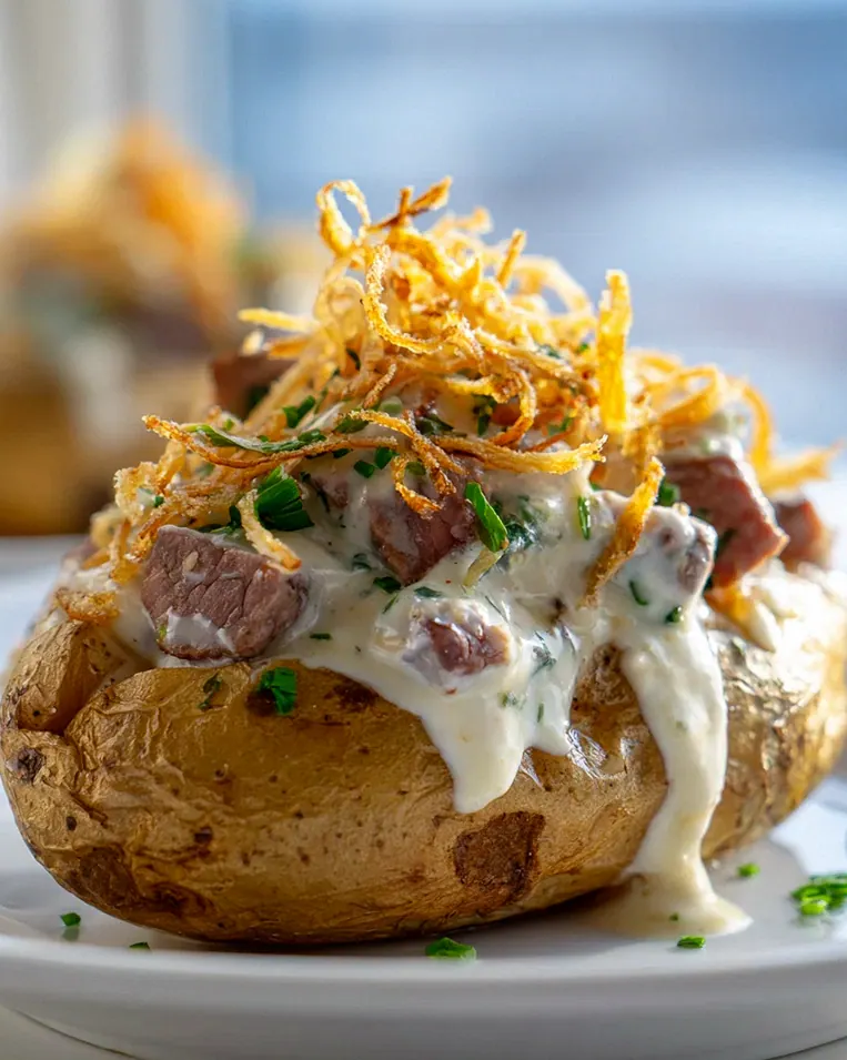 Steakgefüllte Ofenkartoffeln mit Parmesancreme und Zwiebeln